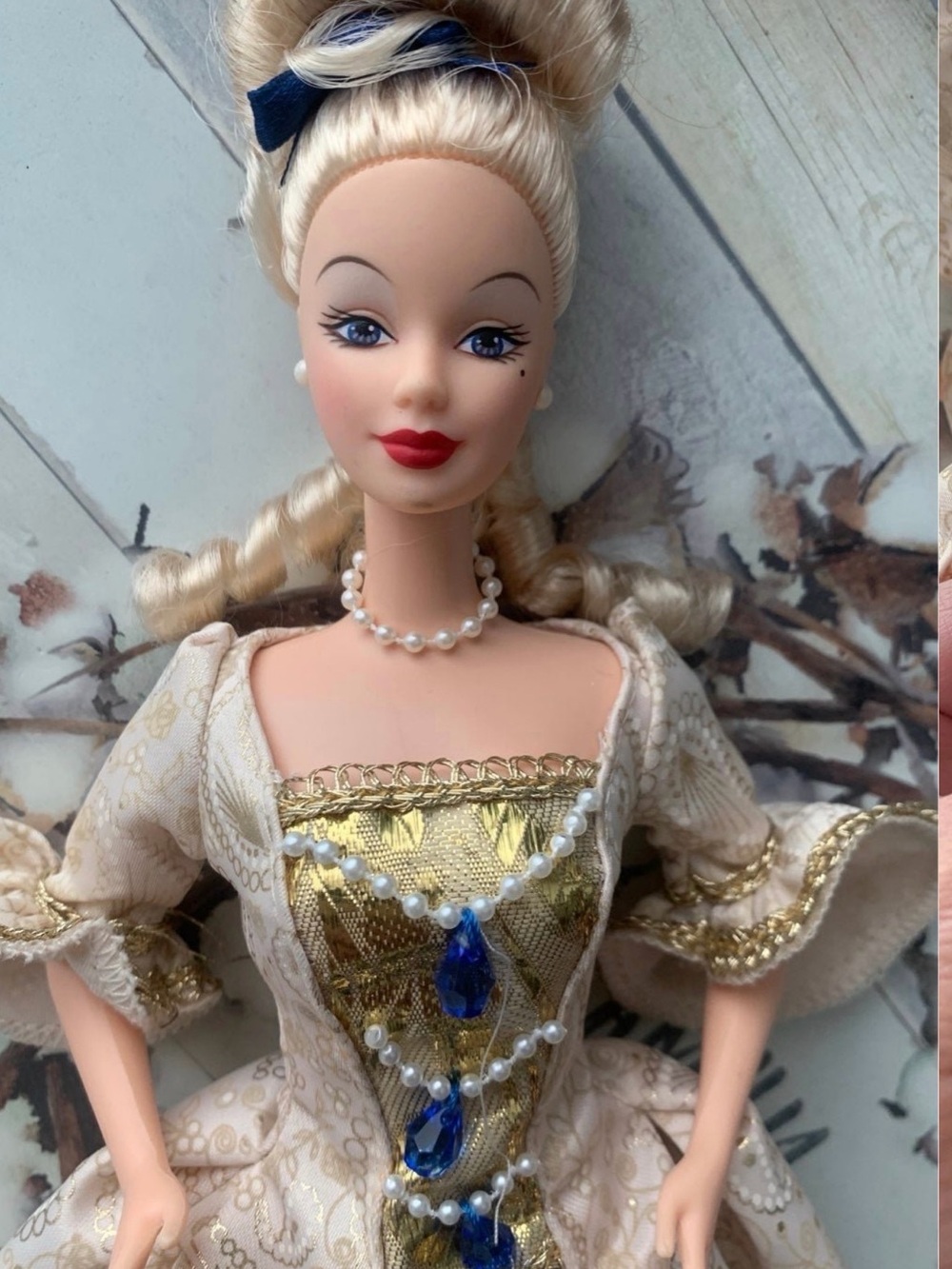 Barbie Blonde Ball Gown Doll with Pearl & Blue Teardrop Accents